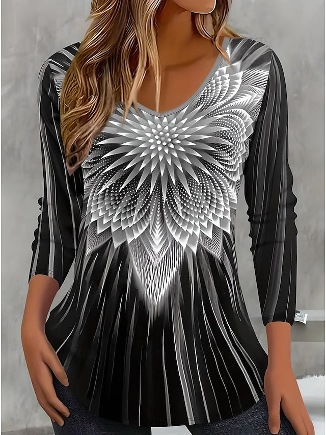 Women's T Shirt V Neck Long Sleeve Tunic Ombre Floral