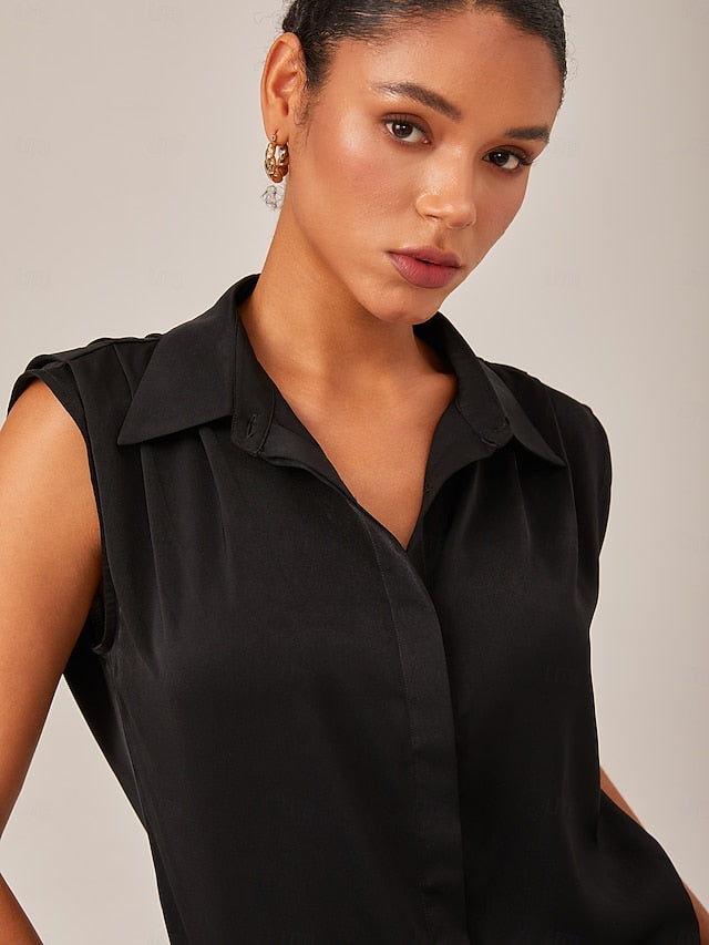 Satin Casual Solid Sleeveless Collared Shirt