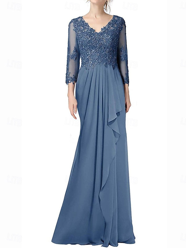 Dress Mother Floor Length Neck Bride Elegant V the of A-Line