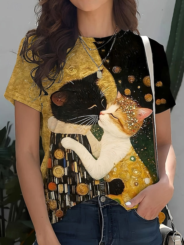 Women's T Shirt Print Graphic Animal Cat Vintage Stylish