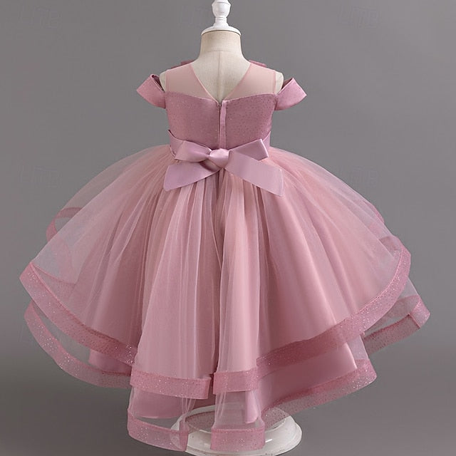 Wedding Solid Short Dress Kids Color Sleeve Girls' Party
