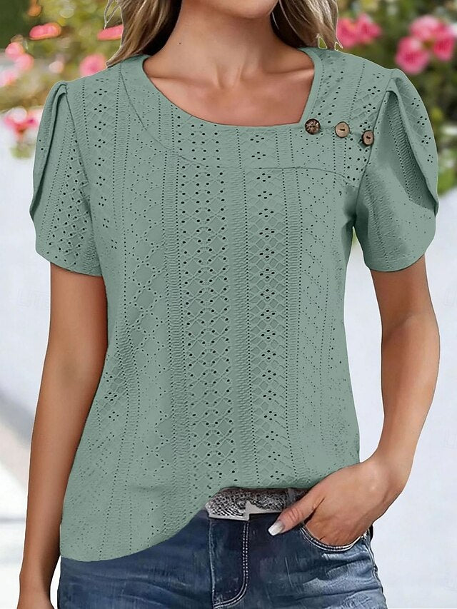 Women's Shirt Pointelle Shirt Eyelet Top Blouse Eyelet