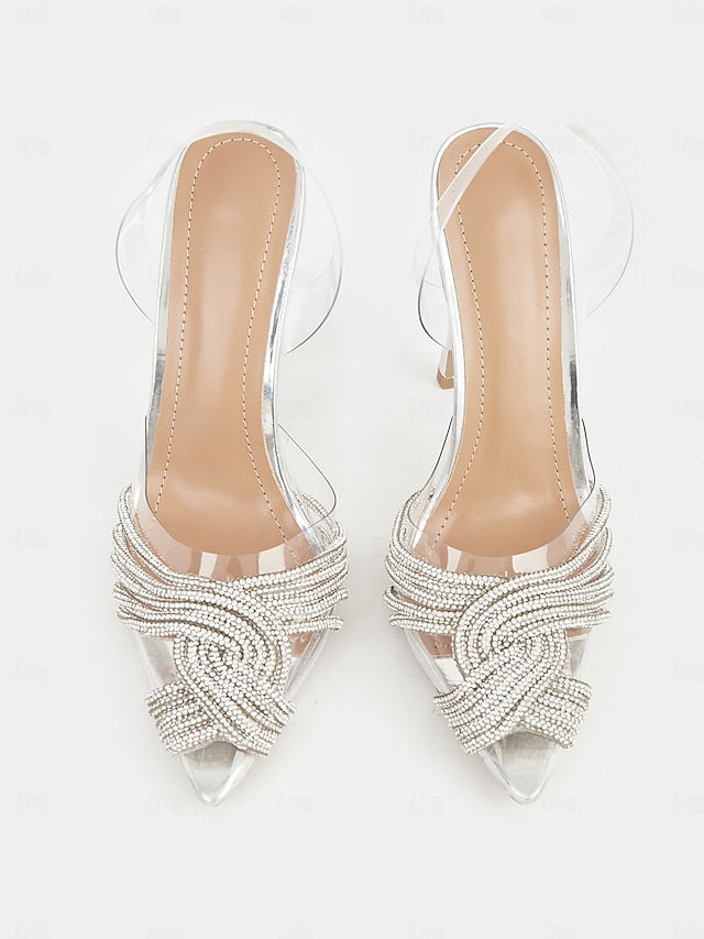 Sandals Stiletto Rhinestone – Silver Straps with Transparent