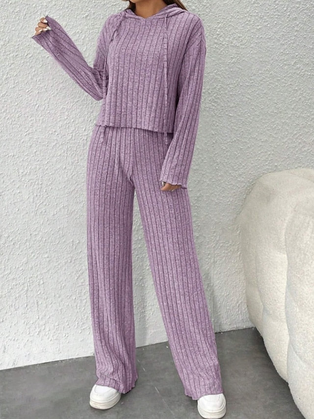 Women's Pants Sets Bolero Top Long Sleeve Hooded Solid