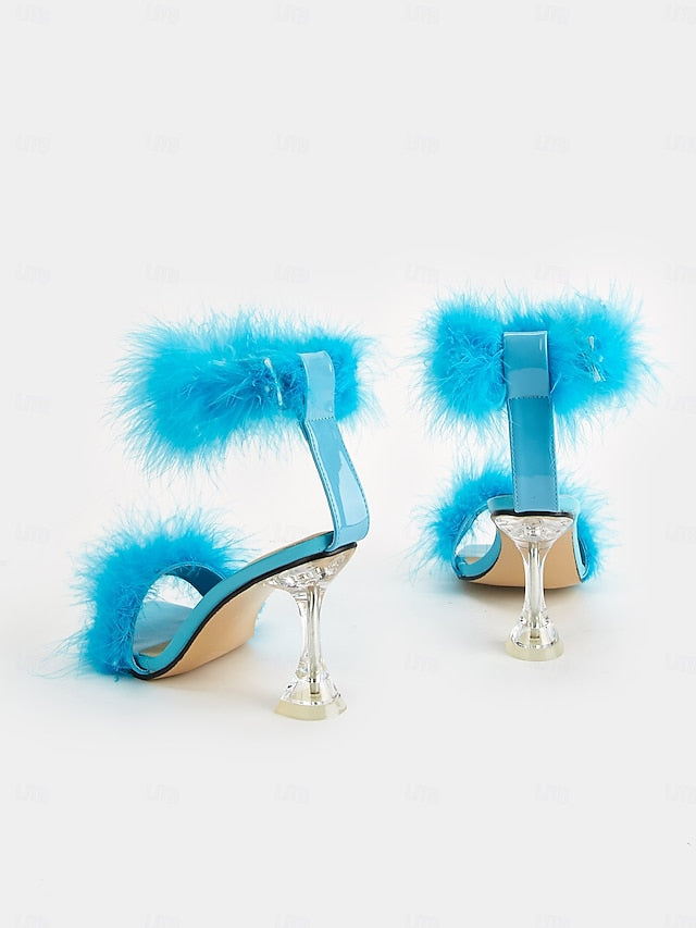 Clear with High Turquoise Feather-Embellished Heel Sandals