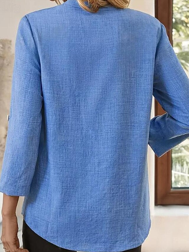 Women's Blouse Pocket Buttons Plain Casual Long Sleeve V
