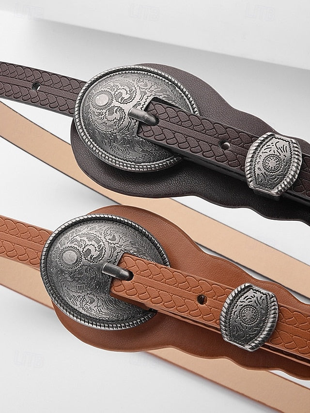 Faux Women's with Leather Belt Vintage Carved Waist Western