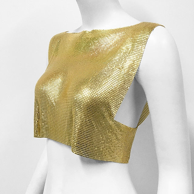 Metallic Sparkle Sexy Crop Tank Top Disco Solid Color Fancy