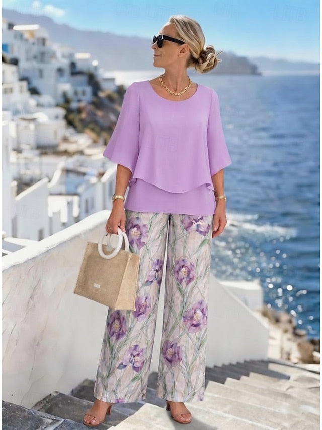 Women's Pants Sets Half Sleeve Butterfly Sleeve Round Neck
