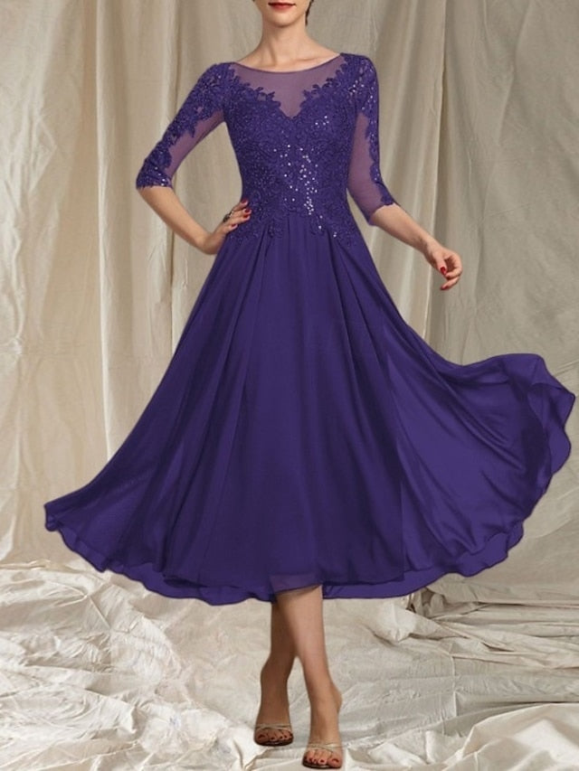 Elegant the of Wedding Bride Mother Neck Crew A-Line Dress Guest