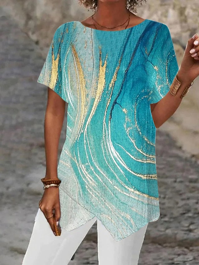 Women's Blouse Asymmetrical Hem Basic Abstract Print Short