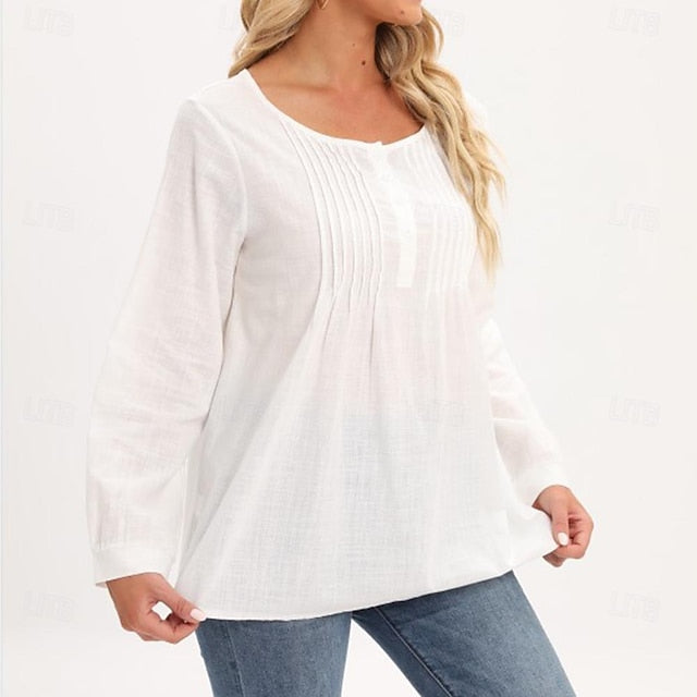 Women's Shirts Long Cotton Top Faux Cotton Linen White