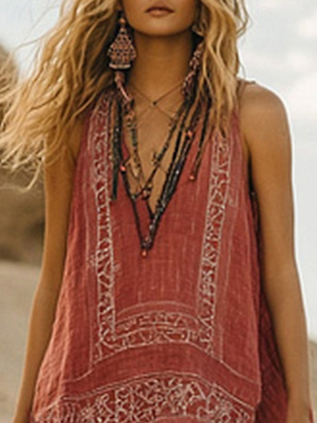 Women's Boho Shirt Blouse Faux Cotton Linen Flower Modern