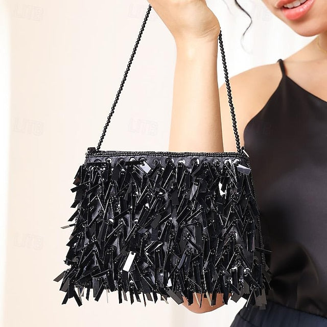 Evening Luxurious Black and with Clutch Fringe Sparkling Crystal
