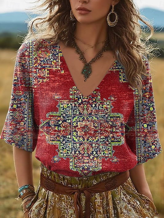 Women's Linen Like Faux Cotton Linen Boho T Shirt Floral