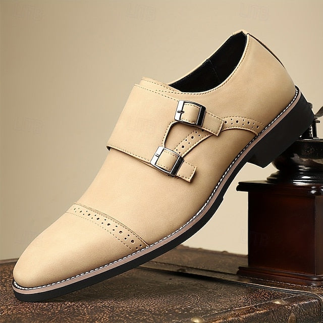 with Beige Leather Men's Strap Shoes Double Monk Faux