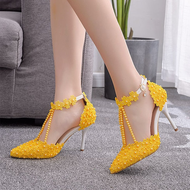 Shoes Heel Lace High Women's Bridal Pointed Wedding