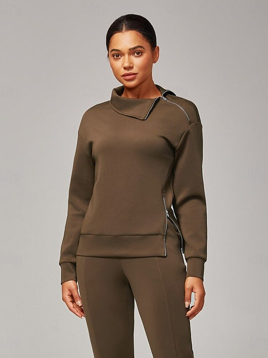 Women's Brown Stretch Knit Zip Slit High Neck Top Tracksuit