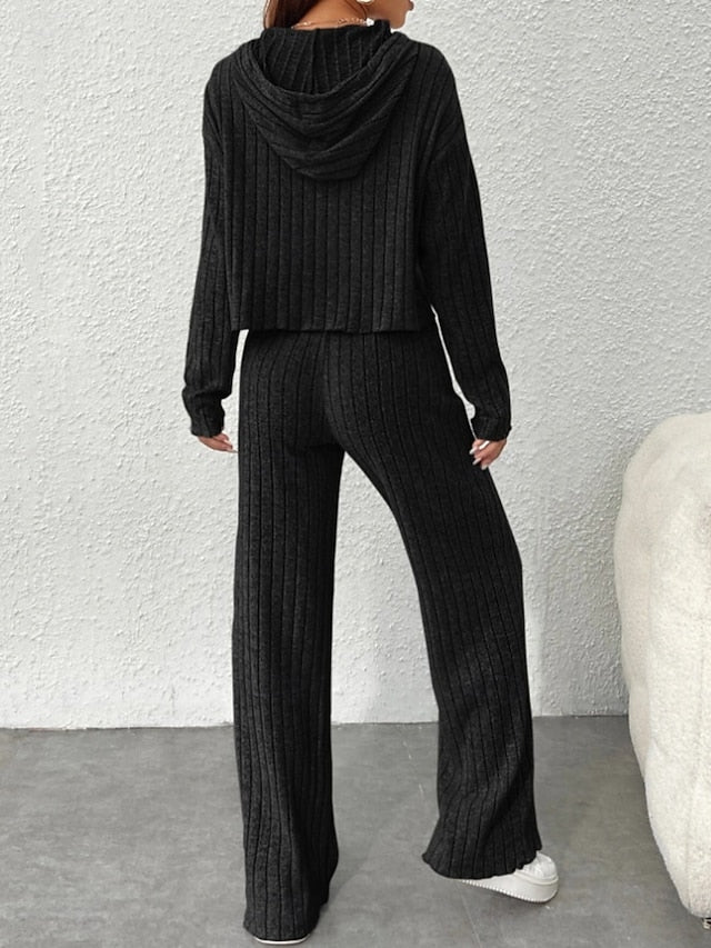 Women's Pants Sets Bolero Top Long Sleeve Hooded Solid