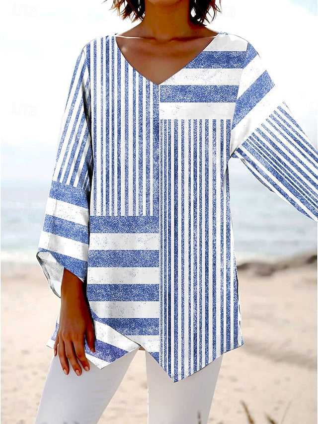 Women's Blouse Long Sleeve Asymmetrical Hem Graphic Striped