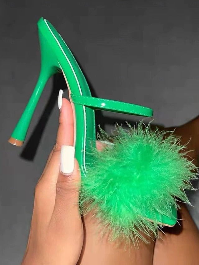 – Feathered Green Bold High Heeled Sandals