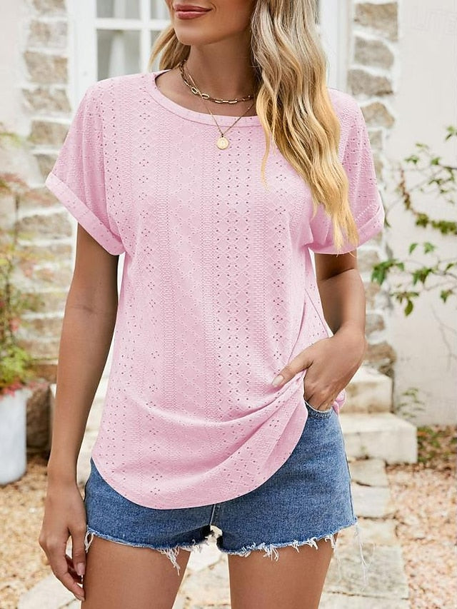 Women's Texture Blouse Eyelet Top Pointelle Tee Tunic