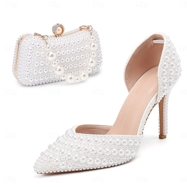– Pearl Women's and Heels Set Clutch Stiletto White Bag