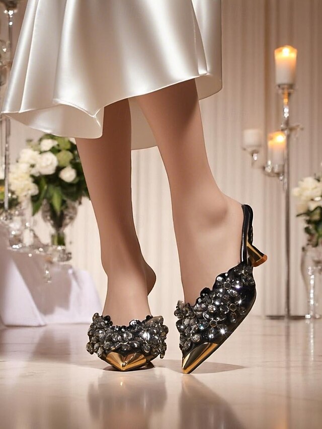 Mules Embellished Pointed-Toe – Rhinestone Women's Black
