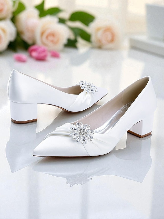 White Block with Women's Pumps Heel Low Crystal