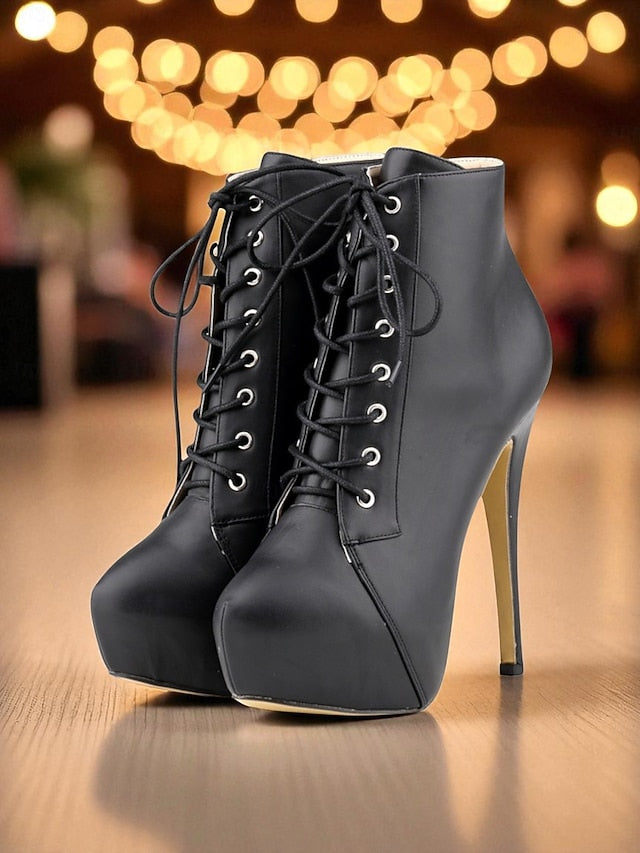 - Ankle Lace-Up Boots Leather Women's Beige Faux Platform