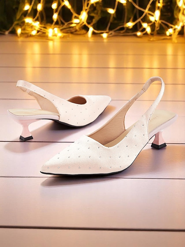 Slingback Heels with Satin Women's Studs Rhinestone Kitten