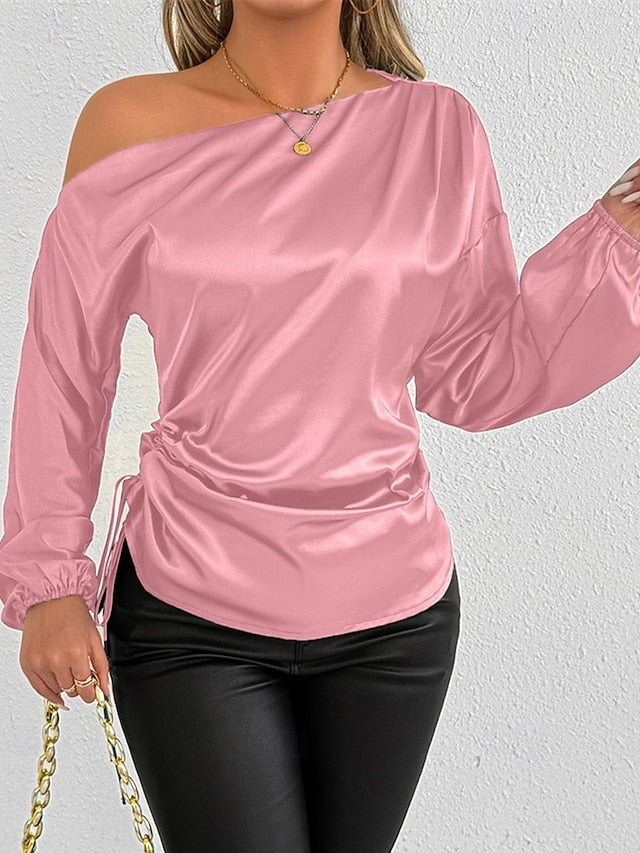Women's Shirt Elegant Dressy Satin Top Asymmetric Solid