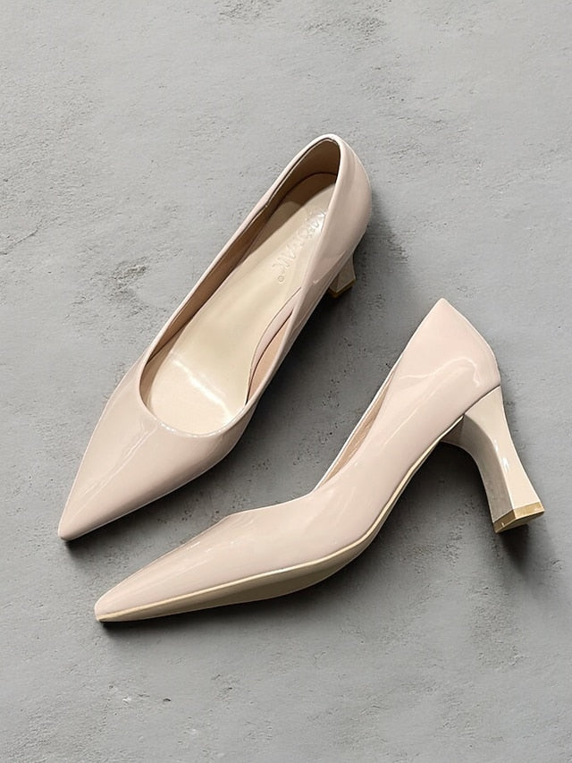 Glossy Heel Leather Pointed-Toe Patent Faux Block Pumps Green