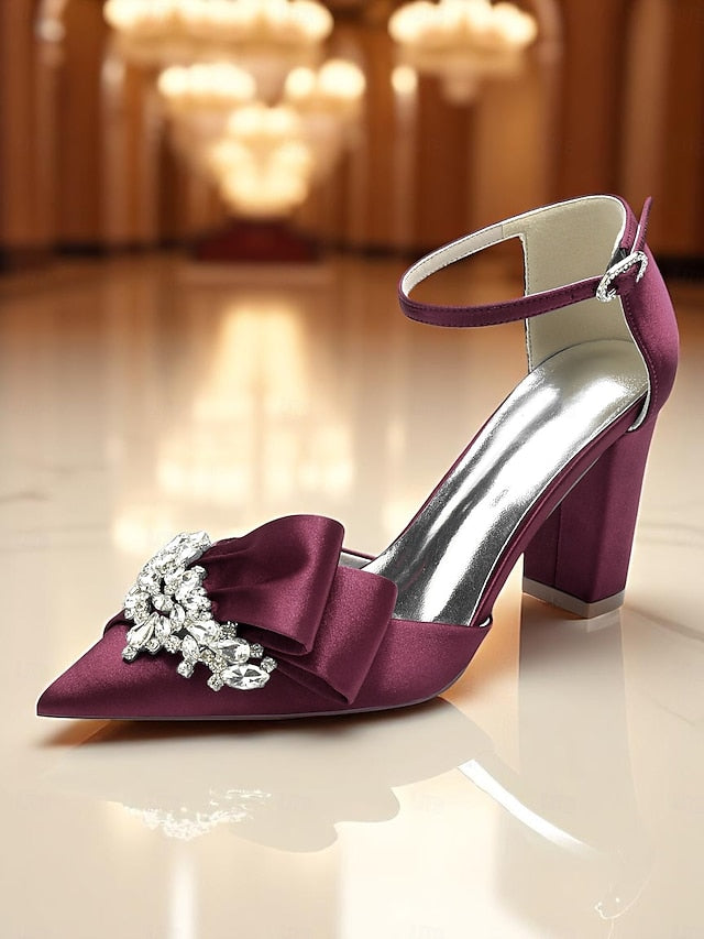 Bow Women's Pumps Heel and Crystal Block Satin with