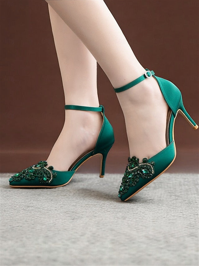 Ankle Heels Pointed Strap – Women's Green Emerald Satin