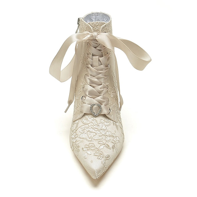 Lace-Up – White Women's Embroidered Booties Bridal Floral