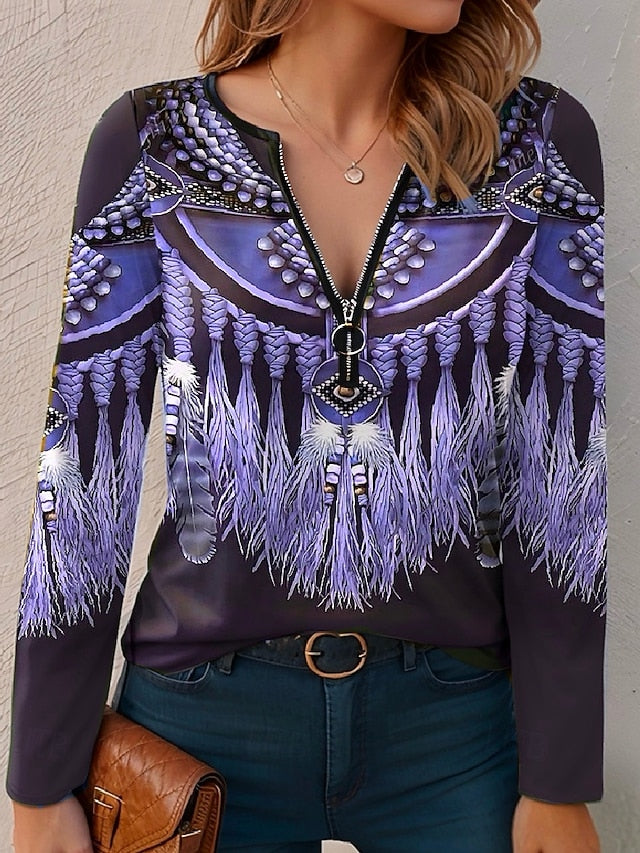 Women's T Shirt Quarter Zip Long Sleeve Casual Graphic V