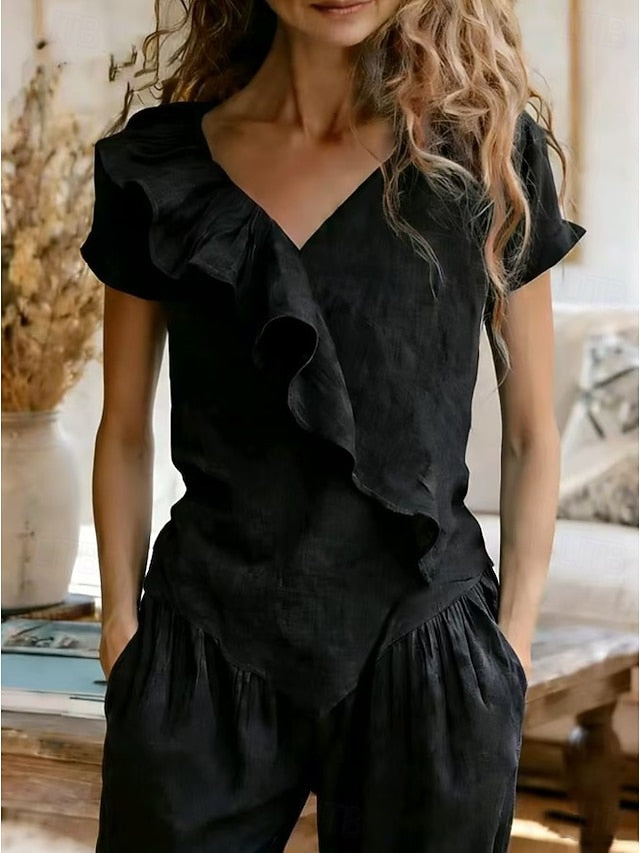 Women's Summer Shirt Casual Shirt Blouse Ruffle Solid Color
