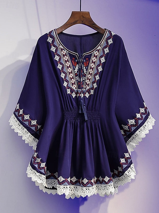Women's Blouse Lace Embroidered Solid Color Bohemia
