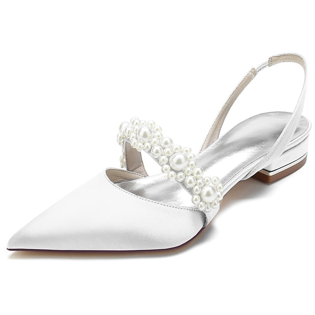 White Women's Elegant Pearl Satin Shoes with