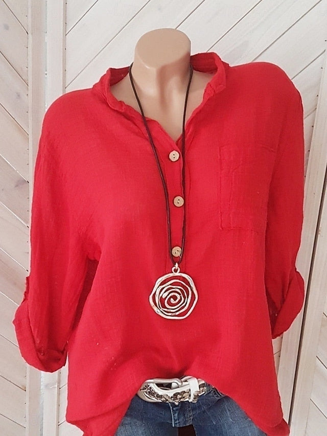 Women's Shirt Cotton Linen Shirts Blouse Buttons Solid