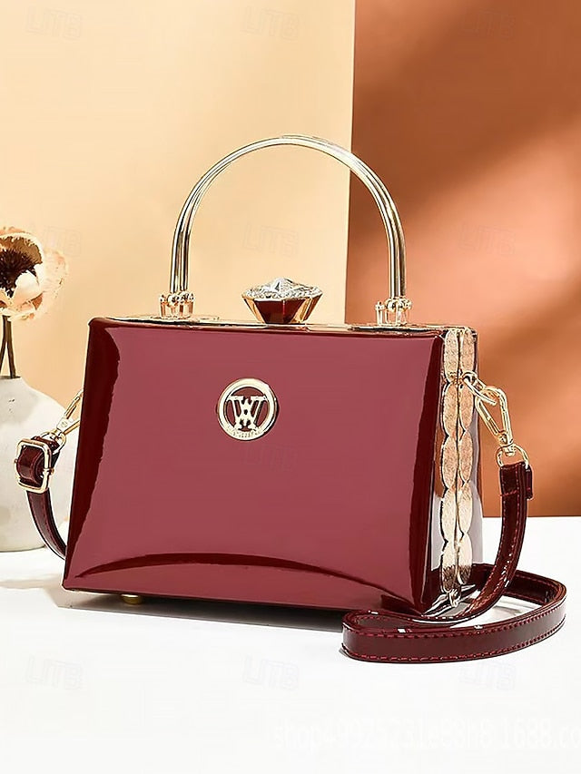 Evening Handbag Patent Burgundy with Leather Women's Gold