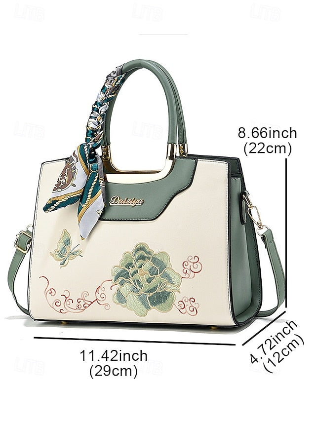 Women's Embroidered Faux Leather Handbag with Scarf Accent