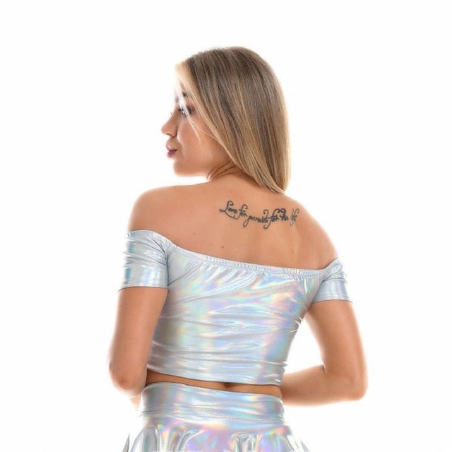 Metallic 1980s Shiny Latex Patent Crop Top PU Leather Off