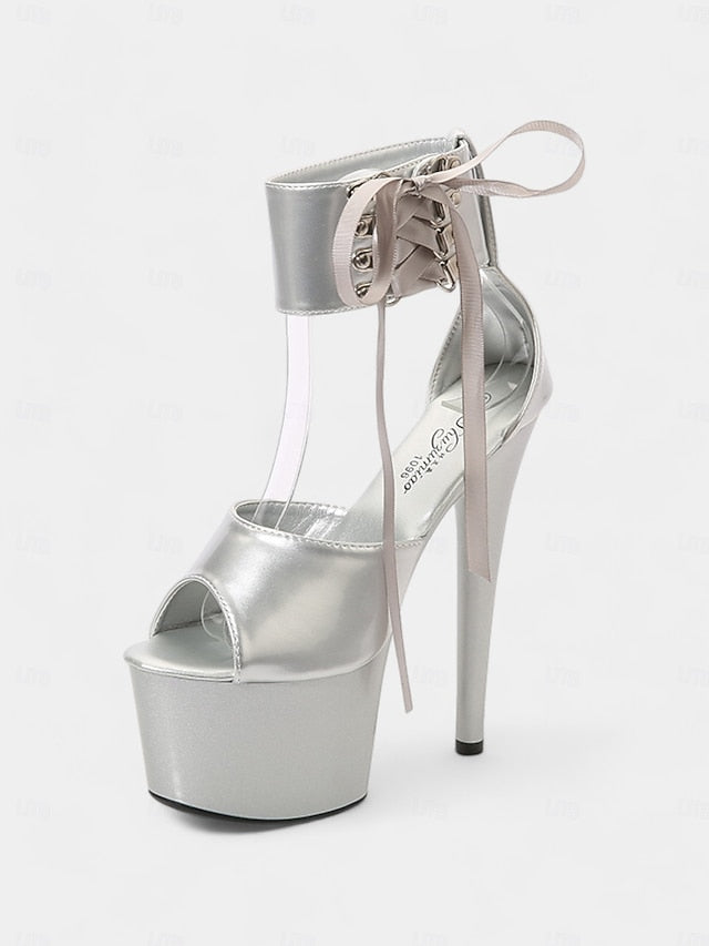 Black Patent with Leather Lace-Up Sandals Ankle Straps Platform