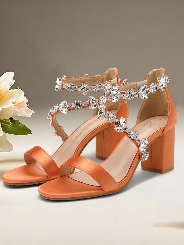 Heel Pink Straps with Crystal Women's Sandals Block Satin