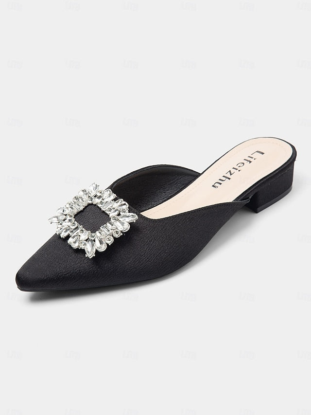 Black with Satin Rhinestone Mules Pointed-Toe Women's