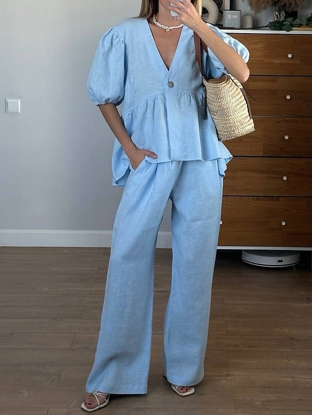 Women's Pants Sets Bolero Top Half Sleeve V Neck Solid