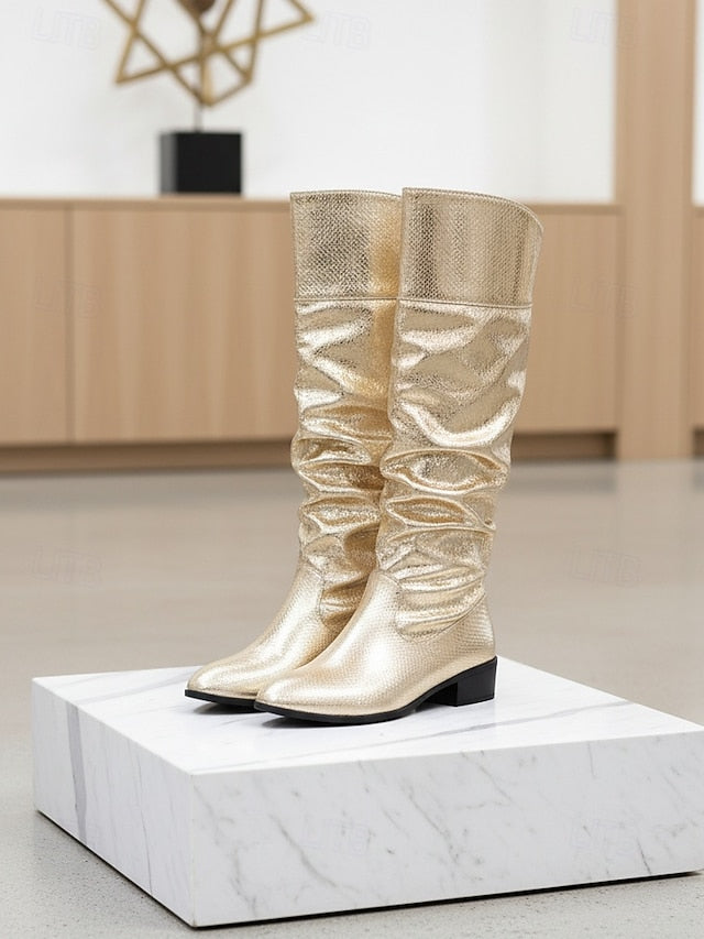 Knee - Women's Boots Gold High Slouch Shiny Party Metallic