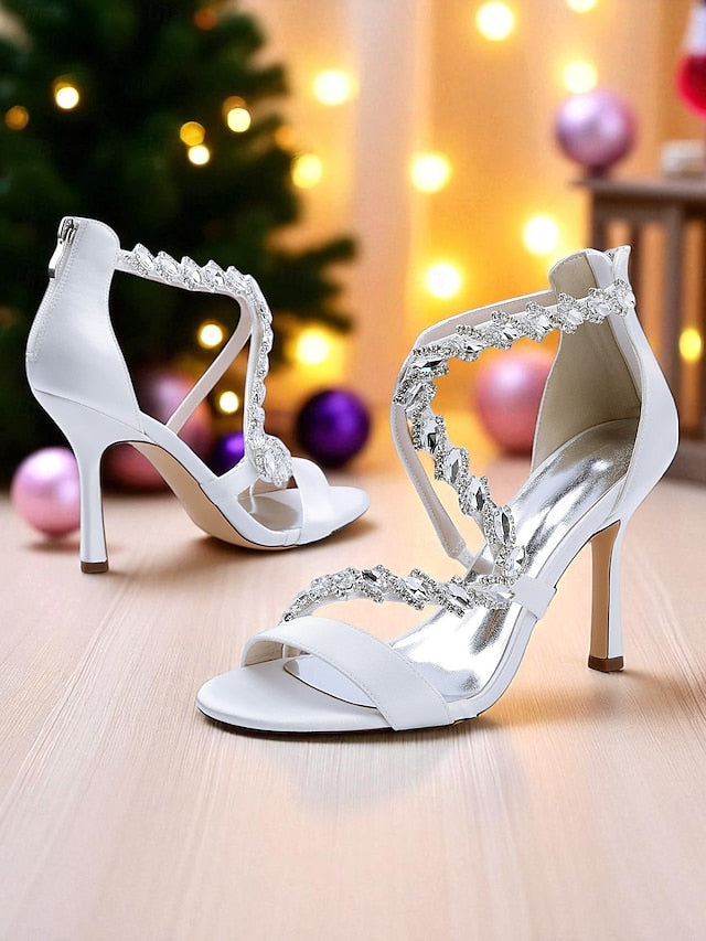 Sandals Rhinestone High Strappy Women's White - Heel